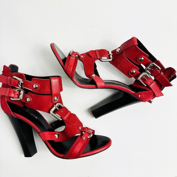 Giuseppe Zanotti For Balmain Red Suede Buckle Strappy Sandals Size 38 - Picture 3 of 14